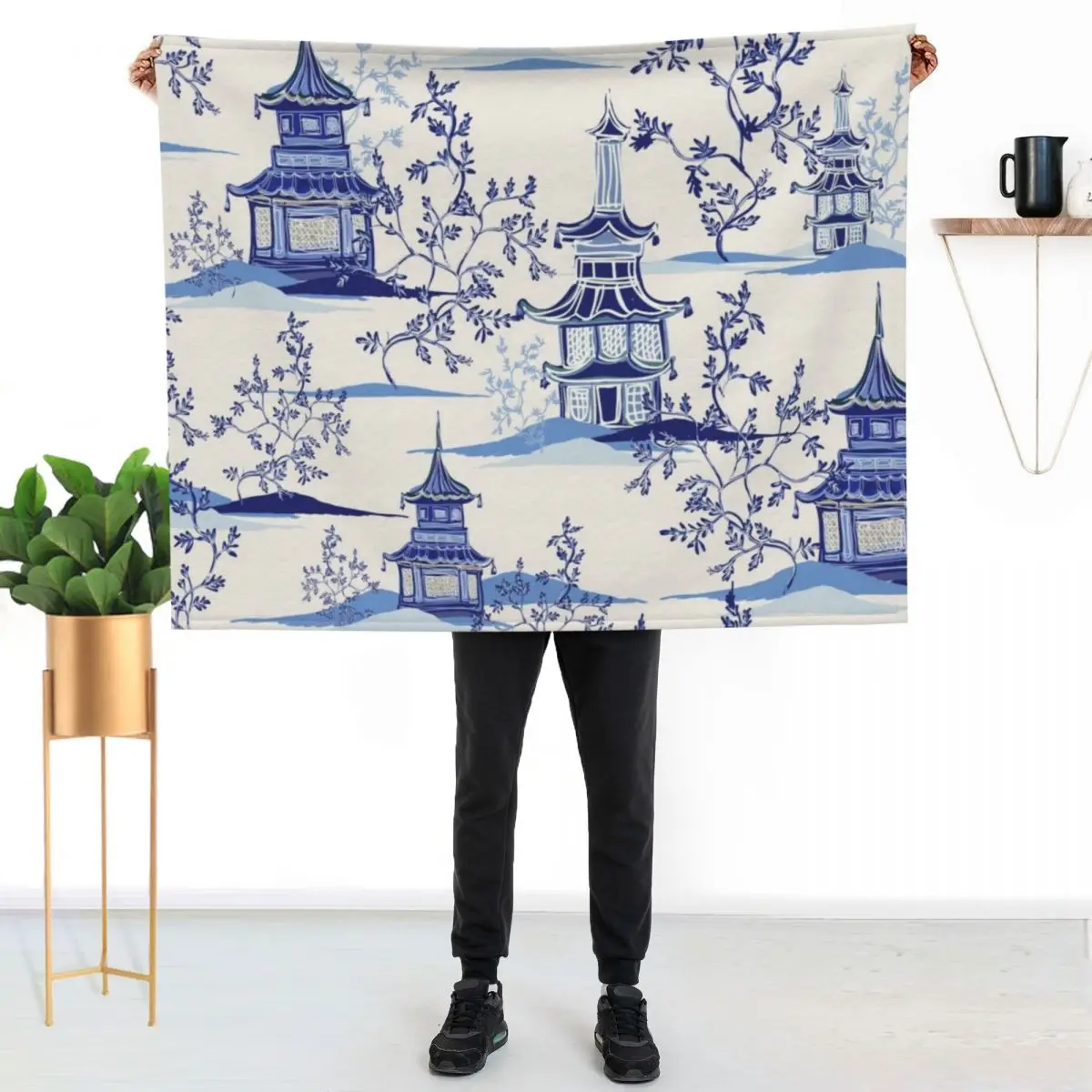 

Delft Blue and White Porcelain - Chinoiserie Vintage Tea House Garden Throw Blanket Stylish Warm Blanket for Living Room Bedroom