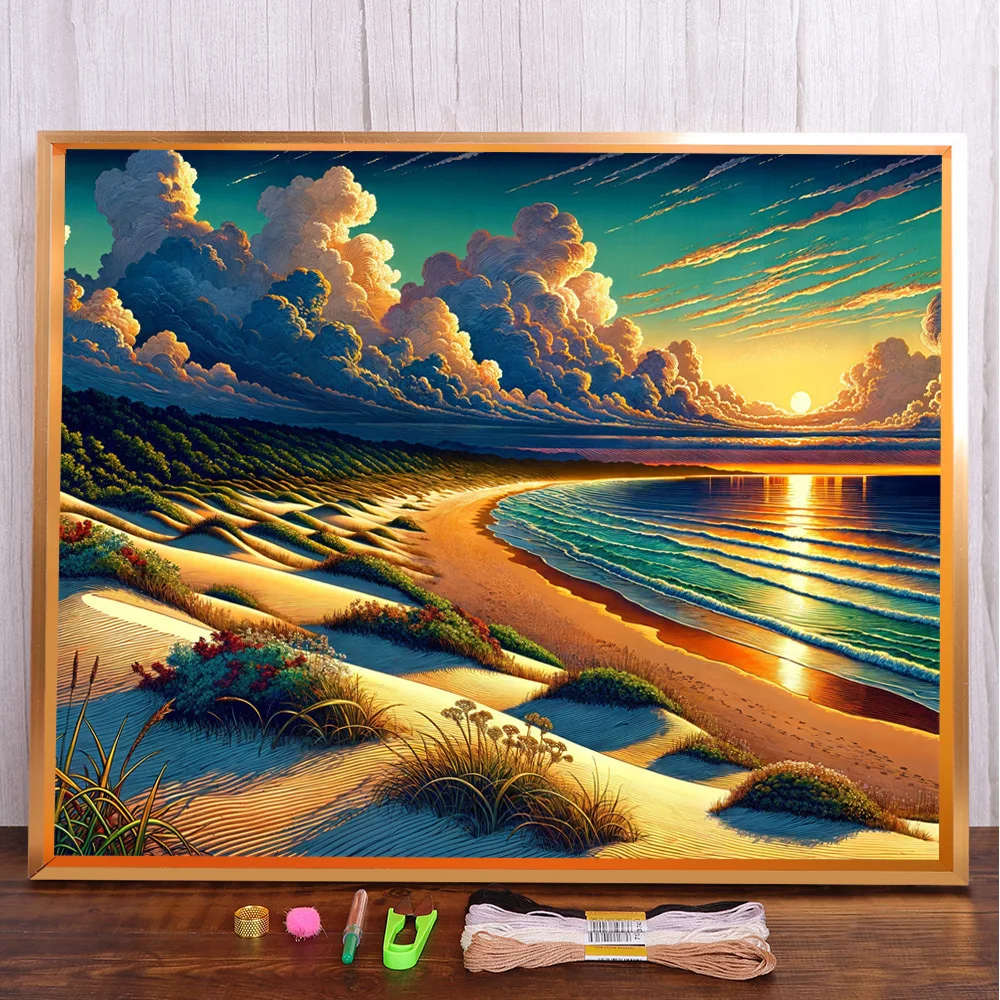 Landscape Coastline Printed Fabric Cross Stitch Kit DIY Embroidery Craft Handicraft Knitting Needlework Jewelry Magic Stamped