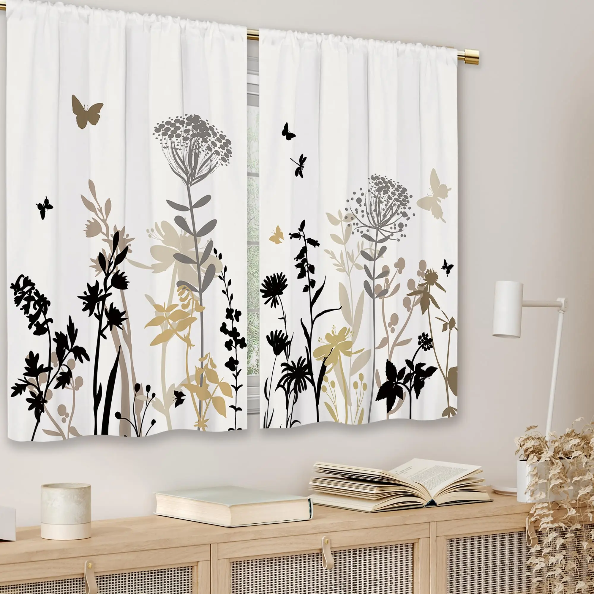 Beige Floral Kitchen Curtains Cafe Window Curtains Rustic Wildflower Plant Bathroom Drapes Treatment Tier Curtains 2 Panels  ﻿