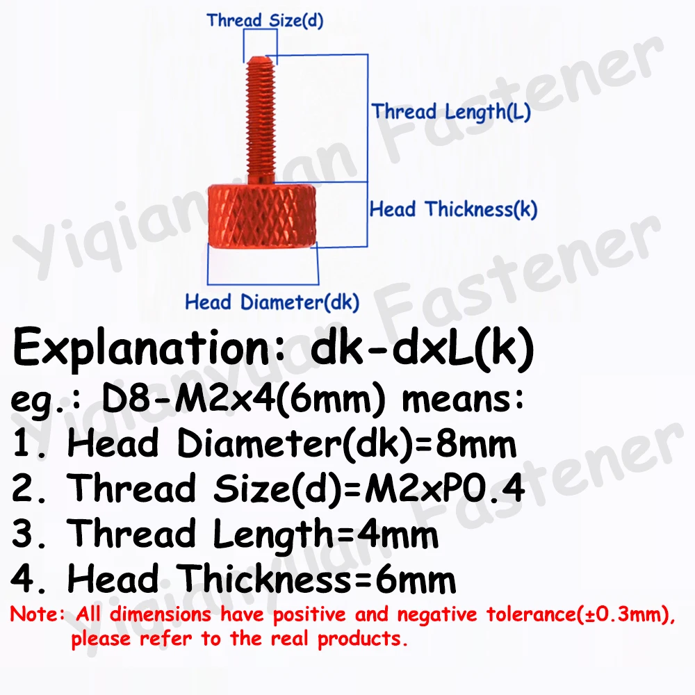 Yiqianyuan 다채로운 알루미늄 M3.5xP0.6 널링 엄지 나사 GB835 플랫 헤드 거친 스레드 손 조임 해치 나사