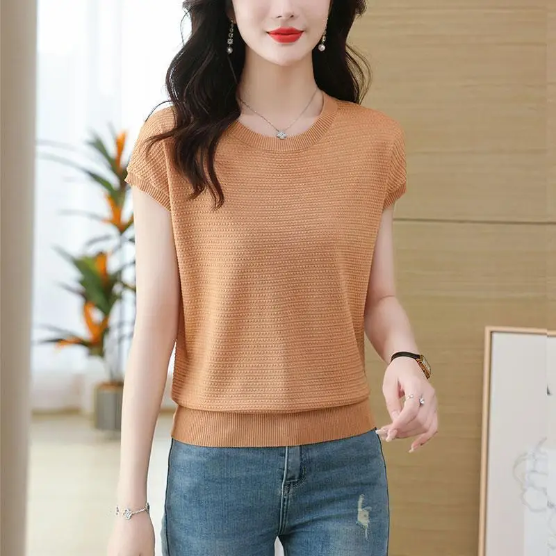 

Summer Round Neck Cropped T-shirt, Casual Long Sleeve Solid T-shirt Women's Clothing Ice Silk Kniotted Fashion Causal Shirt Z375
