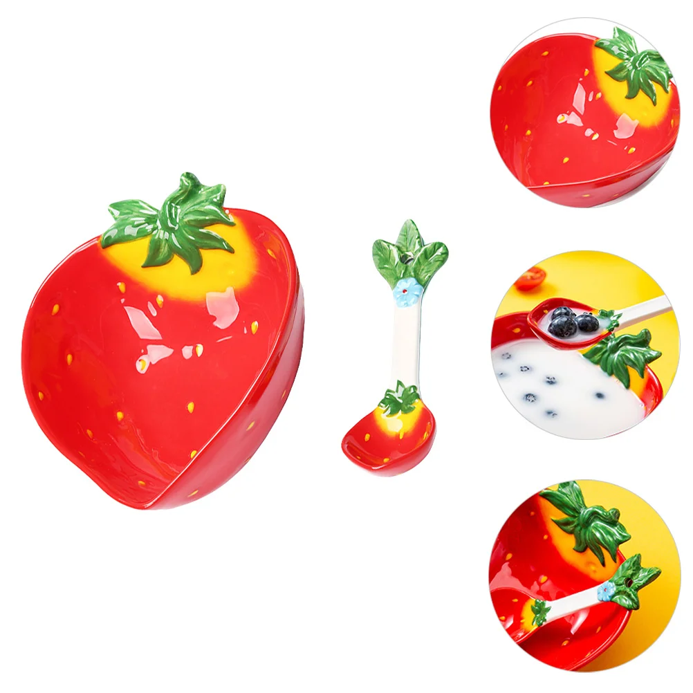 

Strawberry Design Kids Ceramic Bowl Spoon Set Food Safe Smooth Surface Easy Wash Salad Rice Serving Bowl Child