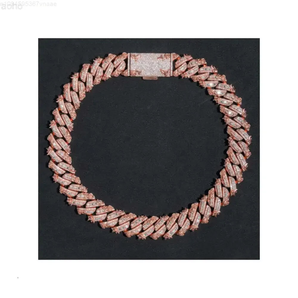 Silver Stamped 18k Rose Gold Plated Tapered Baguette Prong Set Cuban Link Chain Complete with Vvs1 D-colour Moissanite Diamonds