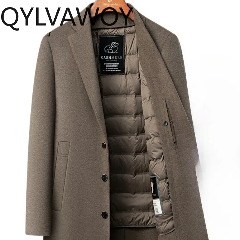 QYLVAWOY الشتاء الخريف الرجال منتصف طول معطف الصوف ملابس خارجية الصوف أوزة أسفل بطانة الدافئة أنيق عالية الجودة سترة رجالي LJ2769
