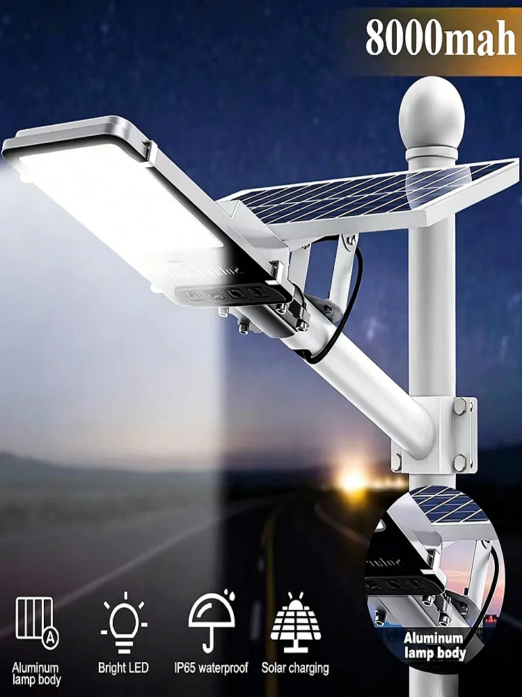 370LED Aluminium-Solarleuchte für den Außenbereich, Solar-Straßenleuchte, 8000 mAh, IP65, wasserdicht, automatisch, von der Dämmerung bis zum Morgengrauen, mit Fernbedienung, Straßenleuchte für