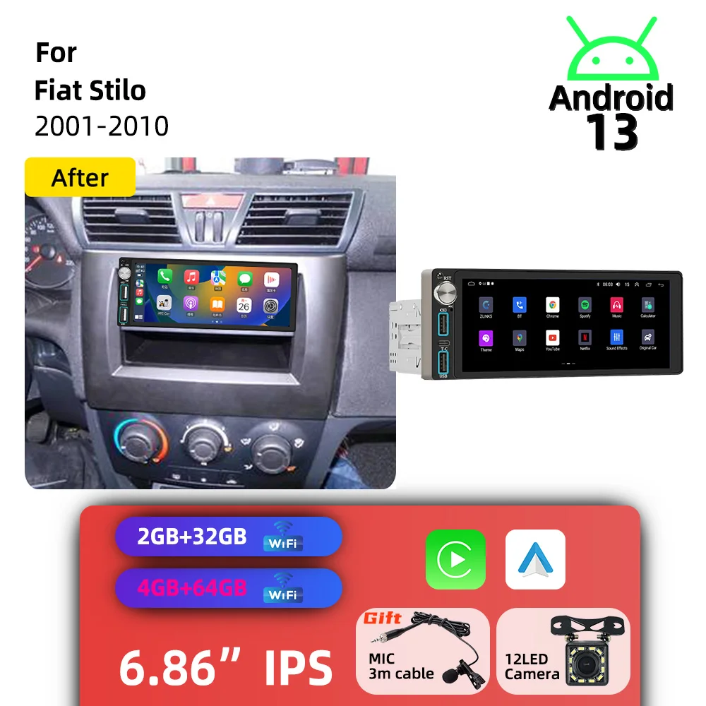 6.86 inch Screen for Fiat Stilo 2001-2010 Android 1Din Car Stereo Carplay GPS Car Multimedia Autoradio Radio Head Unit