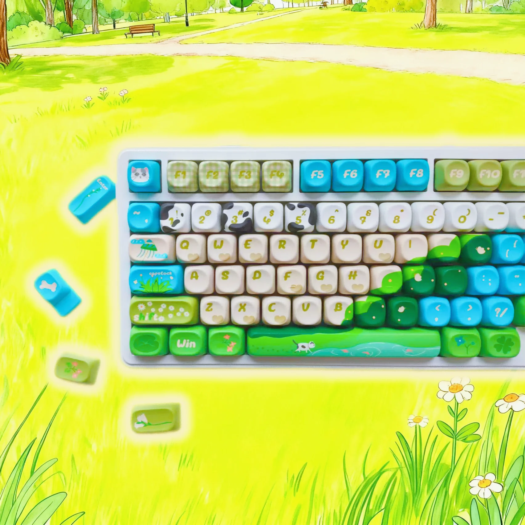 

Thick PBT Keycaps 130 Keys Cute Green Park Design 5-Side Dye Sublimation Printing MOA Profile for MX Switches Mechanical Keyboa