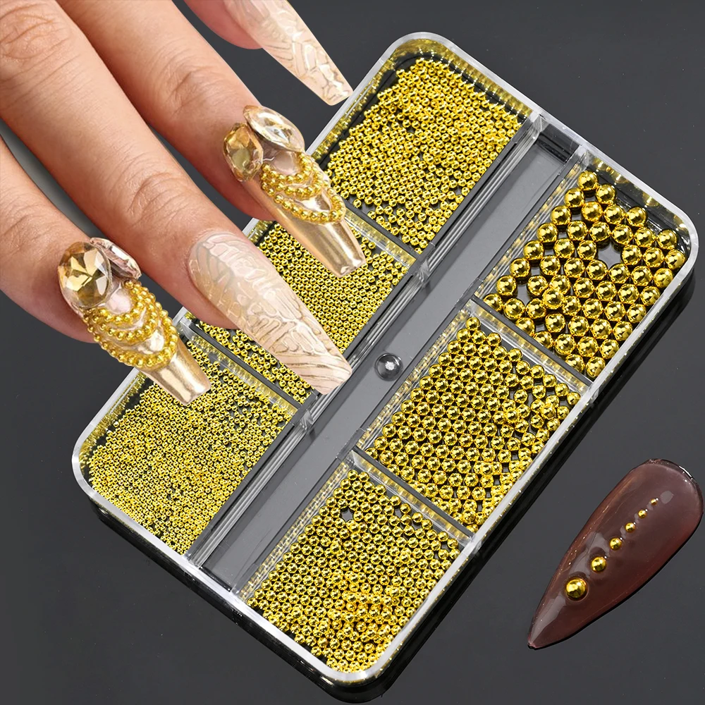 6 Grids Gold/Silver Stainless Steel Beads 3D Nail Art Charms 0.8-3mm Mixed-Size Metal Caviar Ball Gems DIY Luxury Manicure Part