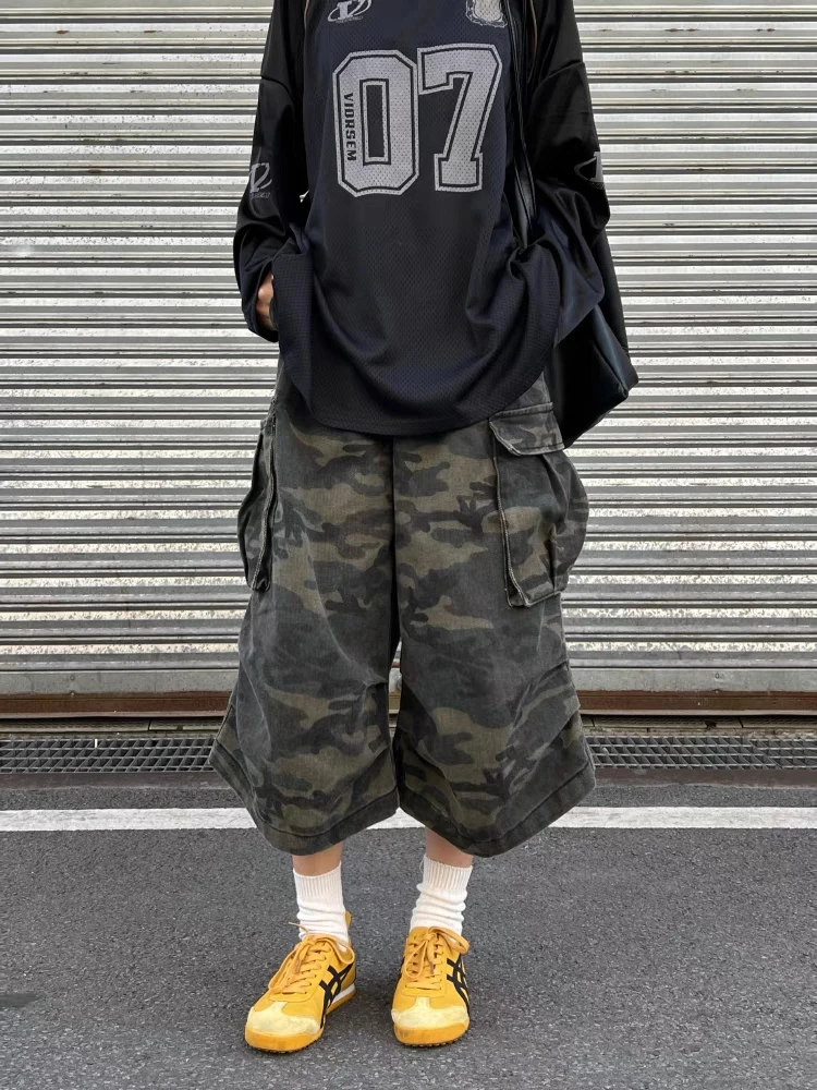 Camouflage Five-Quarter Slim Fit Denim Shorts Women's Spicy Summer Fashion High Waist Wide Leg Pants Micro Flared Trousers