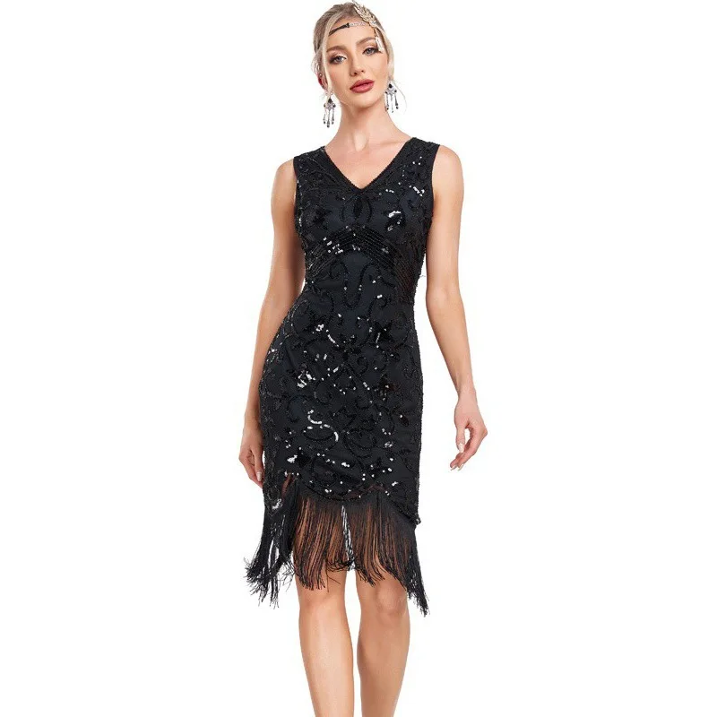 

New European style sequins beaded dress tassel fashion evening dress Banque nightclub party