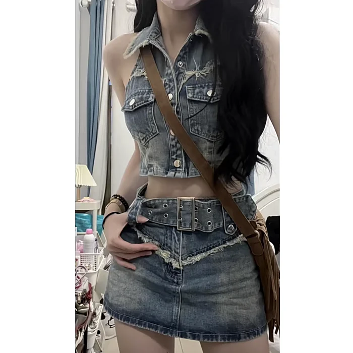 2024 Summer Sleevelss Denim Skirt Suit Woman Vintage Short Cardigan + Elegant Slim Y2k Mini Skirt Korean Fashion Set Female