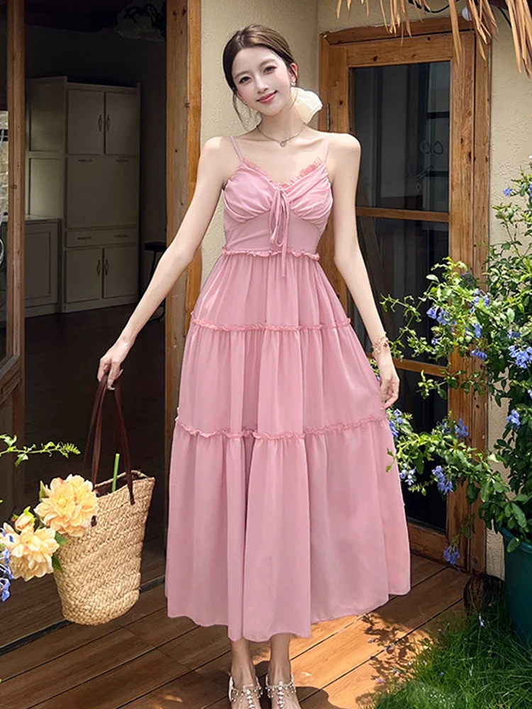 Mulheres roupas de férias chiffon sólido doce sexy cinta magro a linha vestido longo elegante moda festa aniversário vestidos robe verão