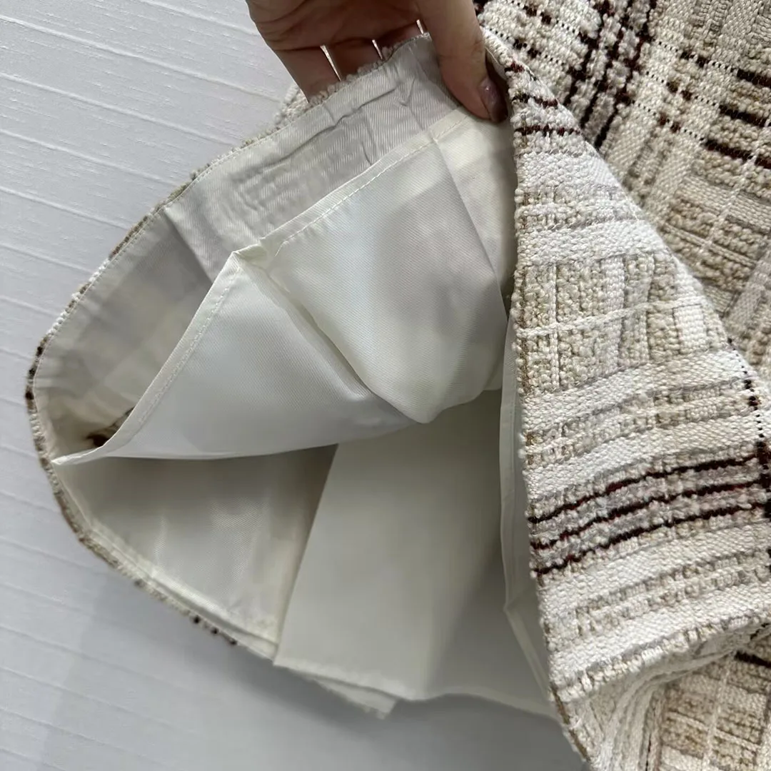 Nuovo autunno inverno vintage plaid lana tessuto di seta tweed gonne longuette donna a vita alta a pieghe moda chic gonna