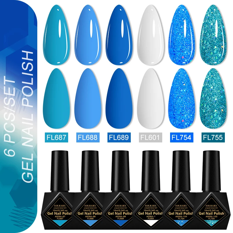 

Набор гель-лаков для ногтей, 6 шт., 10 мл, серия «Синий», с блестками, полуперманентный, смываемый, УФ-гель, лак, маникюрный набор, принадлежности для маникюра, для самостоятельного маникюра