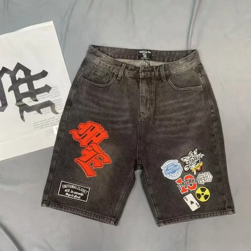

Retro American High Street Summer Casual Embroidered Bae Straight Leg Men's Jeans orts mid Waist Zipper Fly Denim orts
