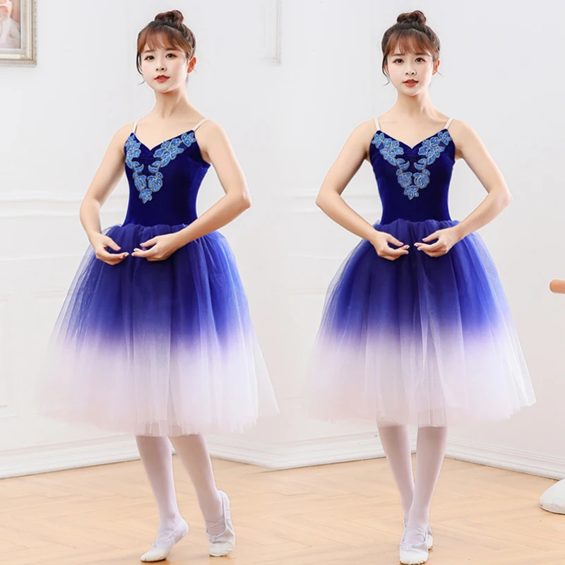 Blauw Ballet Jurk Prestaties Maillots voor Meisjes Volwassen Vrouwelijke Geleidelijke Kleur Lange Rok Tutu Rok Moderne Dans Jurk