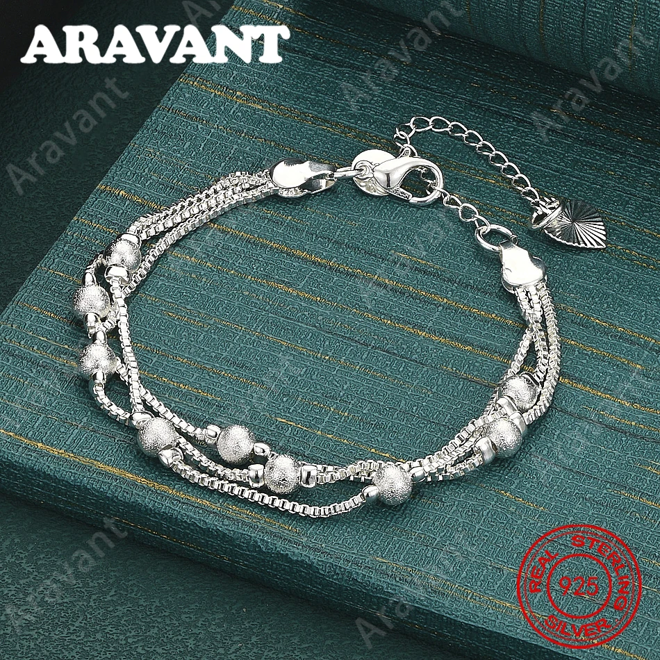 925 Sterling Silver Triple-Strand Box Chain & Bead Bracelet – A Fresh, Stylish Design; Ideal For Engagement Jewelry