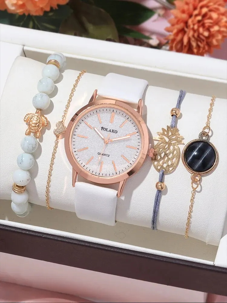 5pcs Fashion Versatile Starry Sky Women\'s Belt Quartz Watch with Bracelet Combination Set