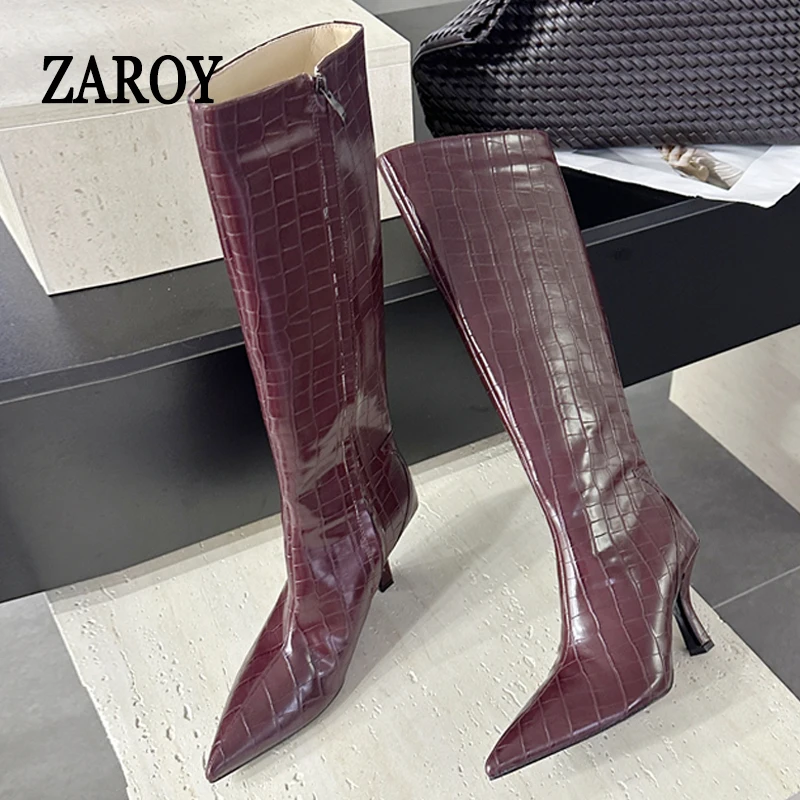 ZAROY Brand Designer Burgundy Knee High Woman Boots Thin Heels Pointed Toe Side Zipper PU Leather Long Boots Luxury Party Botas