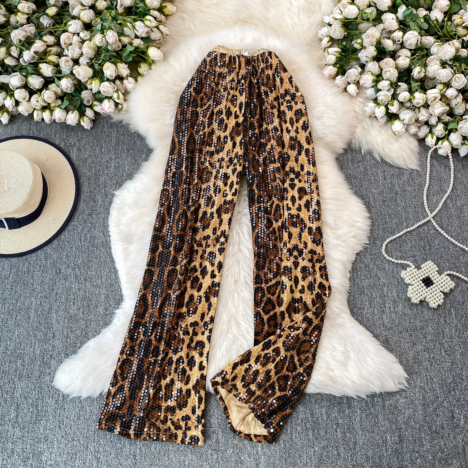 Leopard Print Sequin Women's Pants 2026 High Waist Elastic Waist Party Trousers Vintage High End Slim-looking Wide Leg Pants