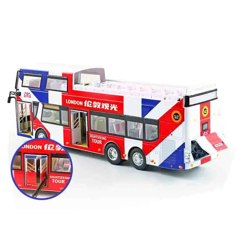 Schaal 1:42 HongKong London Sightseeing speelgoedbus, stadsdubbeldekker metalen modelauto terugtrekkend geluids- en lichtcollectie voor jongens