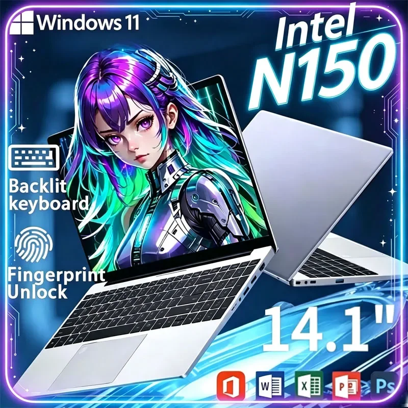 14.1 Inch Full HD IPS Laptop 120Hz Screen Intel Core N150 32GB RAM 2TB SSD Backlit Keyboard Long Battery Life Windows 11