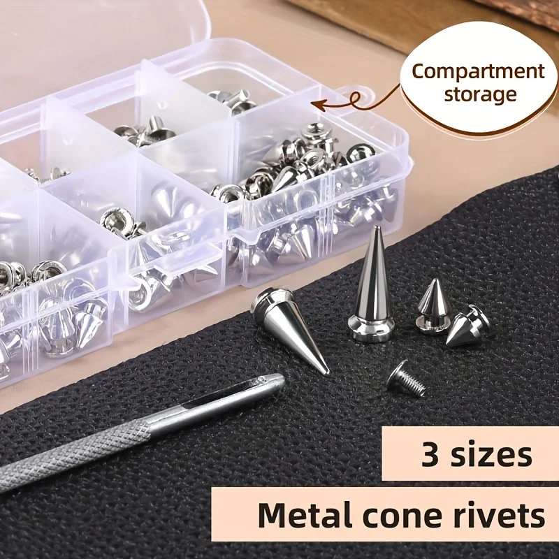 180 pcs various size tapered nails, spiral rivets for punk style clothing accessories DIY craft decoration