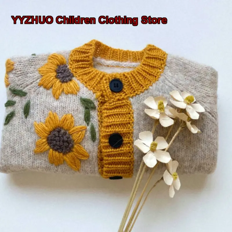 Girls Crochet Cardigan Infants Autumn Winter Handmade Sunflower Embroidery Stylish Outerwear Kids