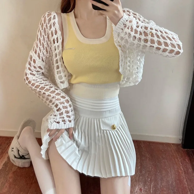 Rosy Cardigan Women Sweet Style Hollow Out Sun-proof Fashion Holiday Hotsweet Chic Knitwear Thin Summer Casual Pure Color Knit