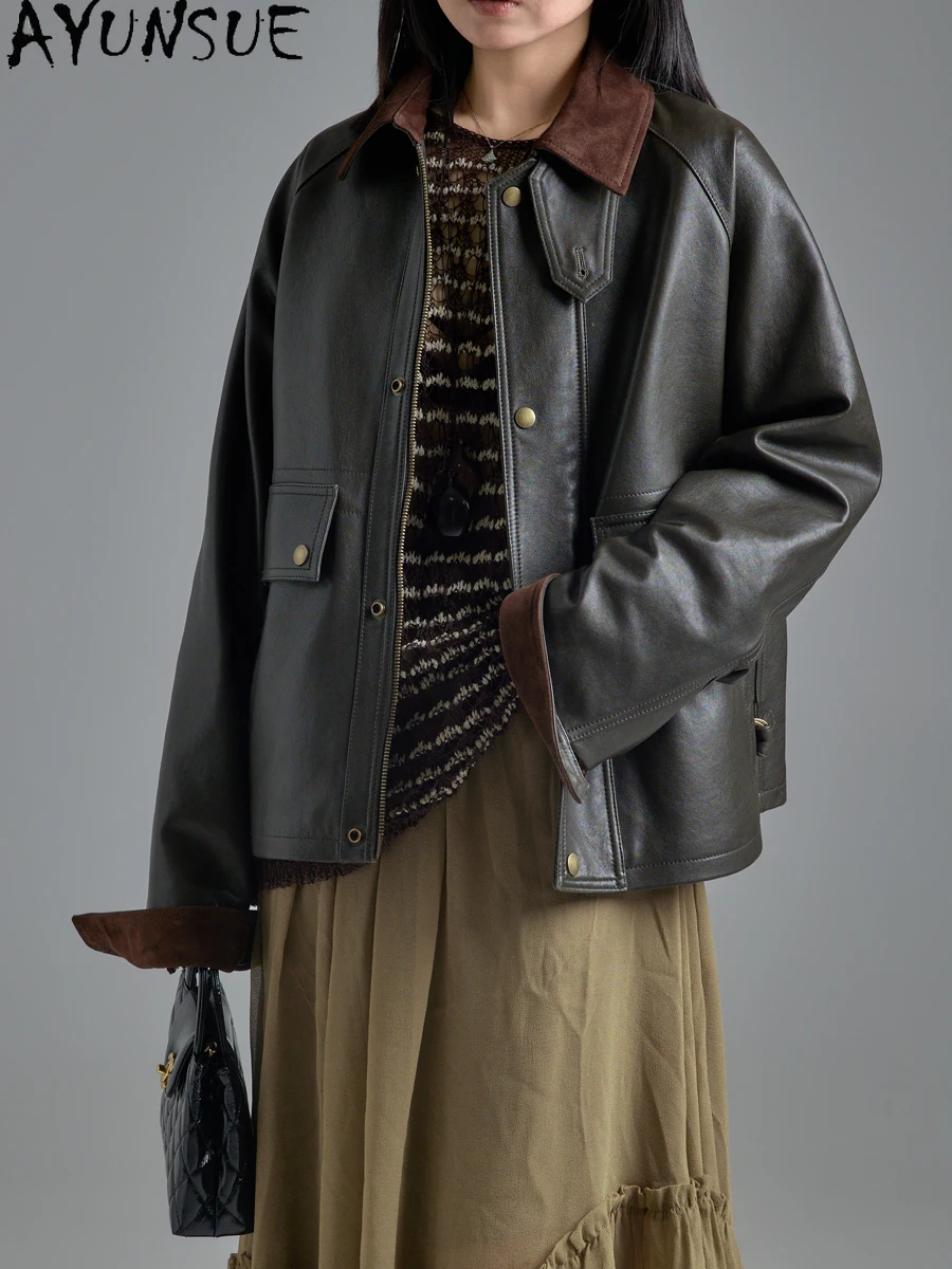 AYUNSUE Top veste en cuir véritable pour femmes 2025 manteau en peau de mouton véritable pour femmes Vintage printemps automne vêtements tout bronzage des plantes