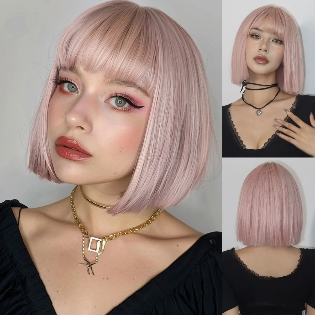 

Short Pink Wig with Bangs Synthetic Straight Bob Hair Pink Wigs for Women Cosplay Party Daily Natural Hair Heat Resistant Fibre