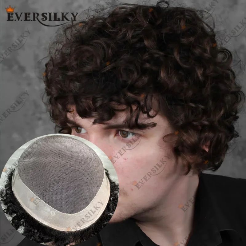 

Undetectable European Human Hair 15mm Curly Afro Men Toupee Fine Mono &PU 18mm 20mm Curly Prosthesis Capillary Natural Frontline
