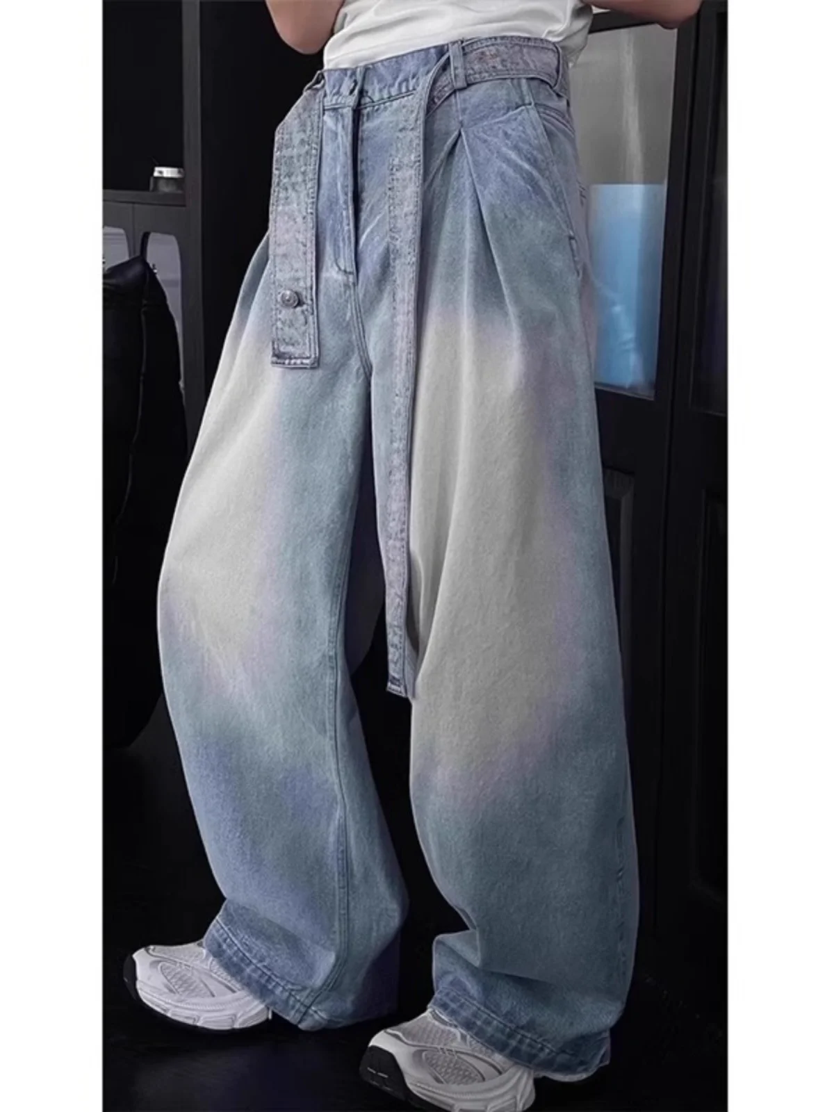 

Мужские широкие джинсы в американском стиле с поясом, выцветшие, винтажные, с дизайном «нож», весна-лето, повседневные, из смесового хлопка и полиэстера