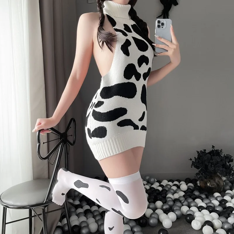 Women Night Dress Cow Cosplay Costumes Backless Turtleneck Sweater Japanese Lolita Cute Anime Erotic Cows Outfit Sexy Lingerie