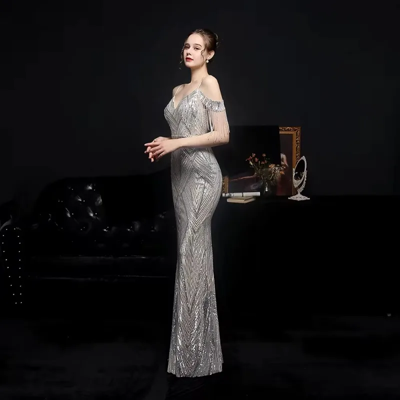 Sequin Fishtail Gown Performance Celebrity Event Banquet Etiquette Gold Luxury Evening Gown Prom Dresses for Women Ladies 2024