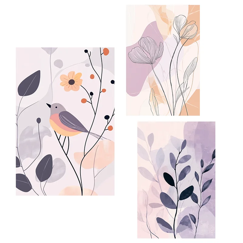 Light Purple series Hand Drawn texture Bird and Plants Poster Modern Art  Line  sense   Home Wall Decor   Decorative Painting