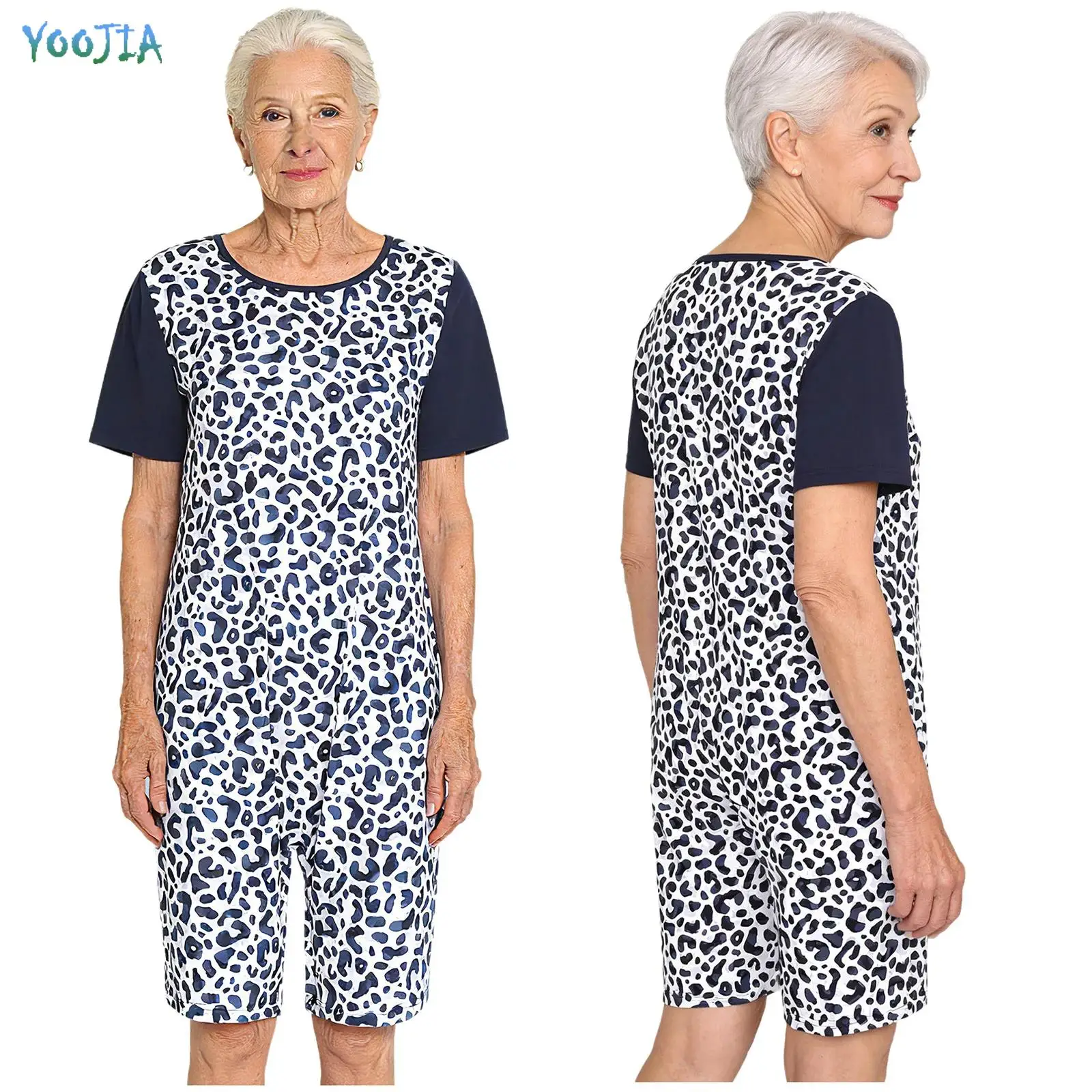 Adults Women Special Needs Adaptive Jumpsuit Short Sleeve Buttoned Crotch Bodysuit for Elderly Dementia Alzheimer Patients