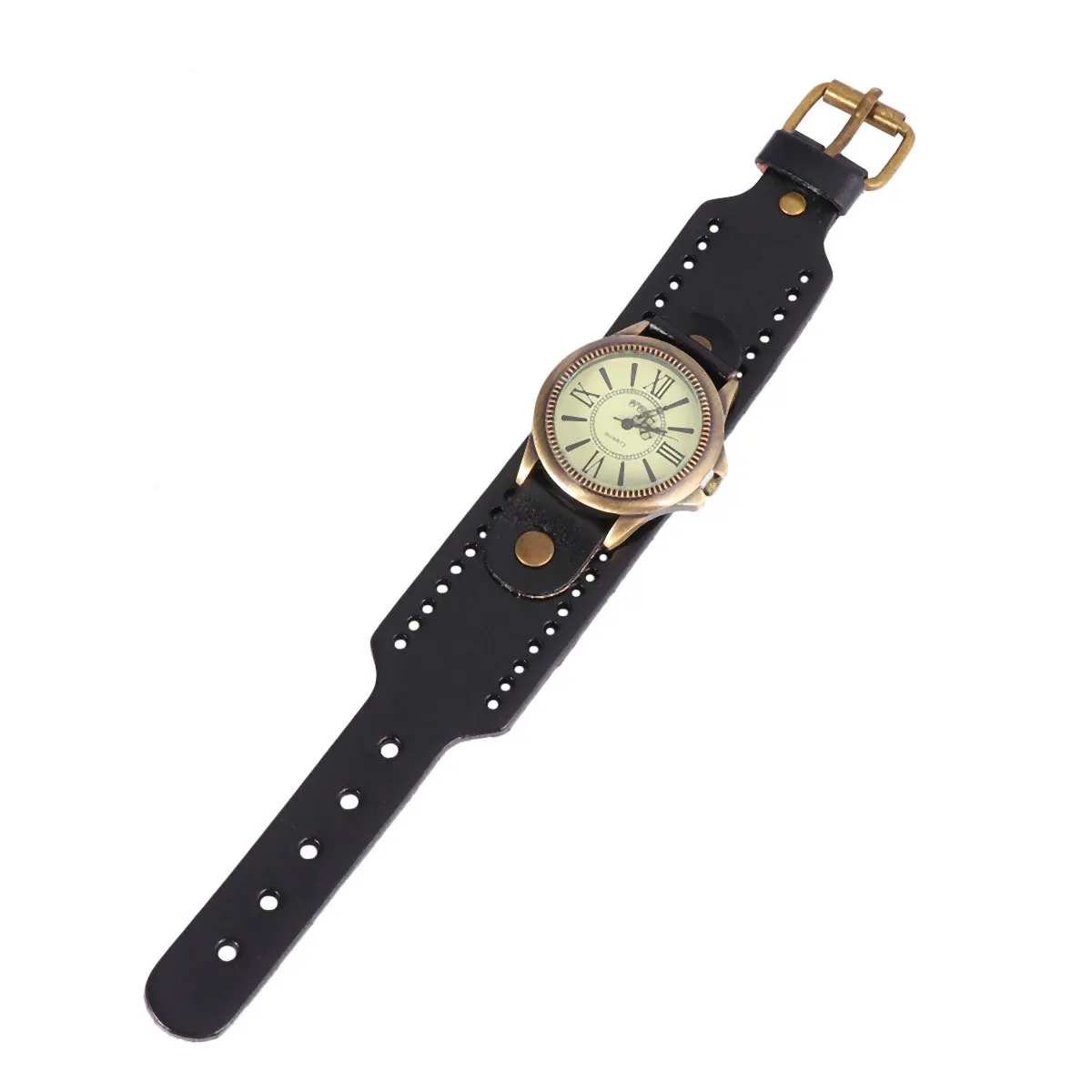 جلد البقر الأصلي الأسود الأرقام الرومانية كوارتز ساعة اليد للنساء نمط سوار حزام الموضة عادية