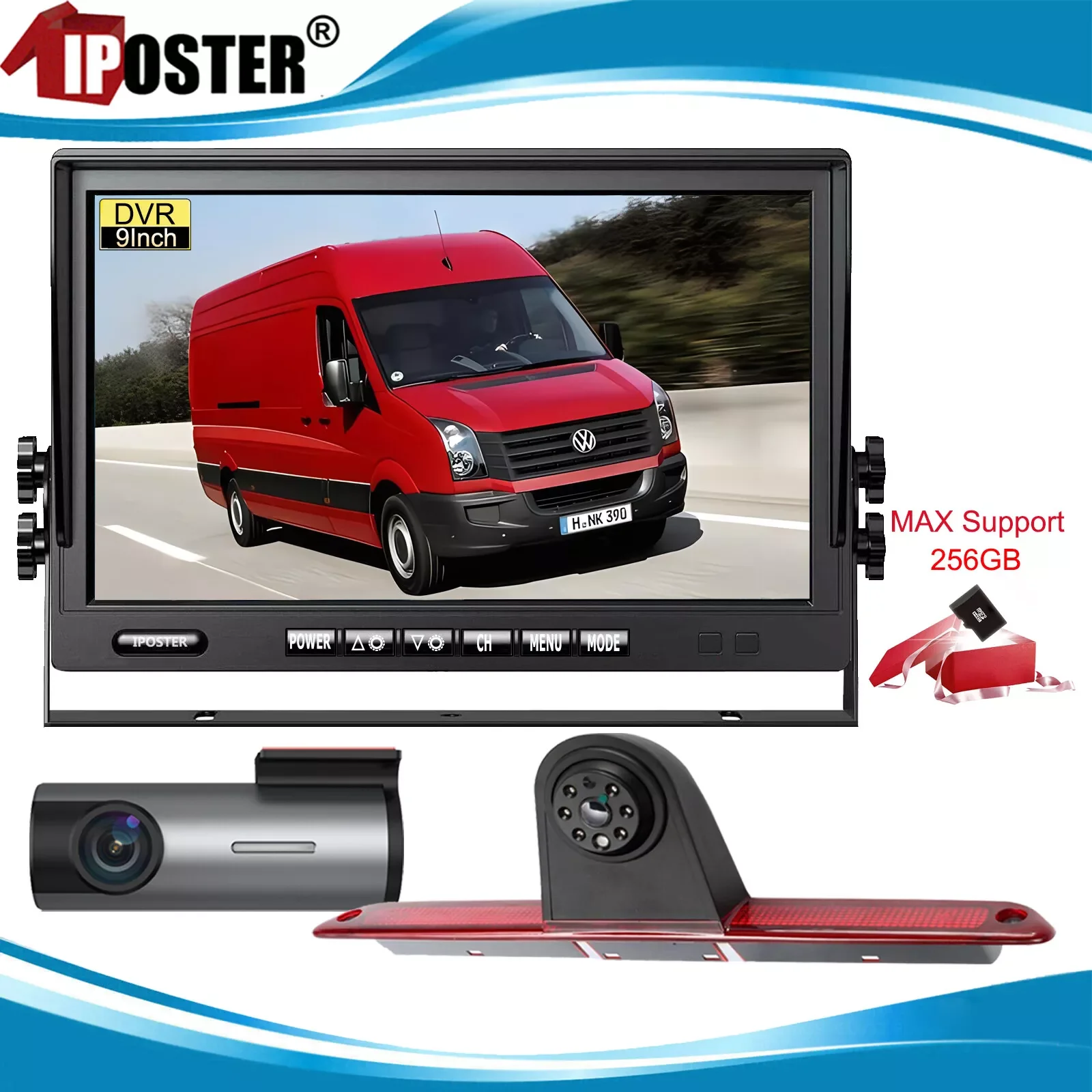 

iPoster 9" Split Screen Monitor Front/Rear View Brake Light Reverse HD Camera 1080P DC 9V-36V For Mercedes Benz Sprinter