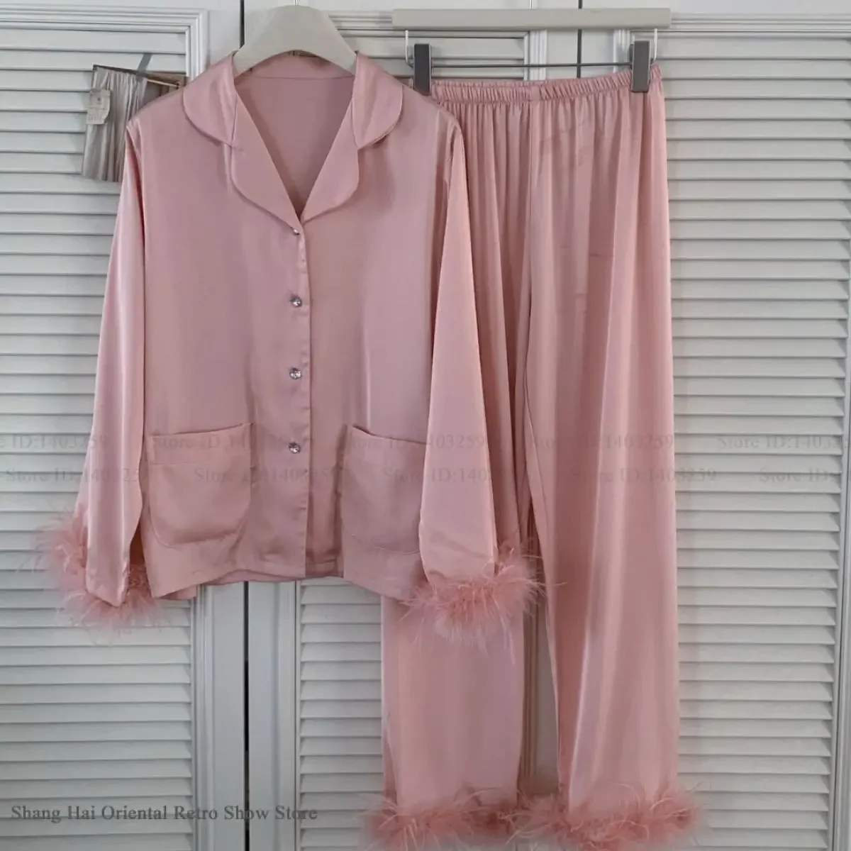 الفاخرة طويلة الأكمام ريشة منامة 2 قطعة ملابس خاصة مريحة الحرير الساتان ملابس النوم منامة دعوى فضفاضة ملابس منزلية غير رسمية المتسكعون