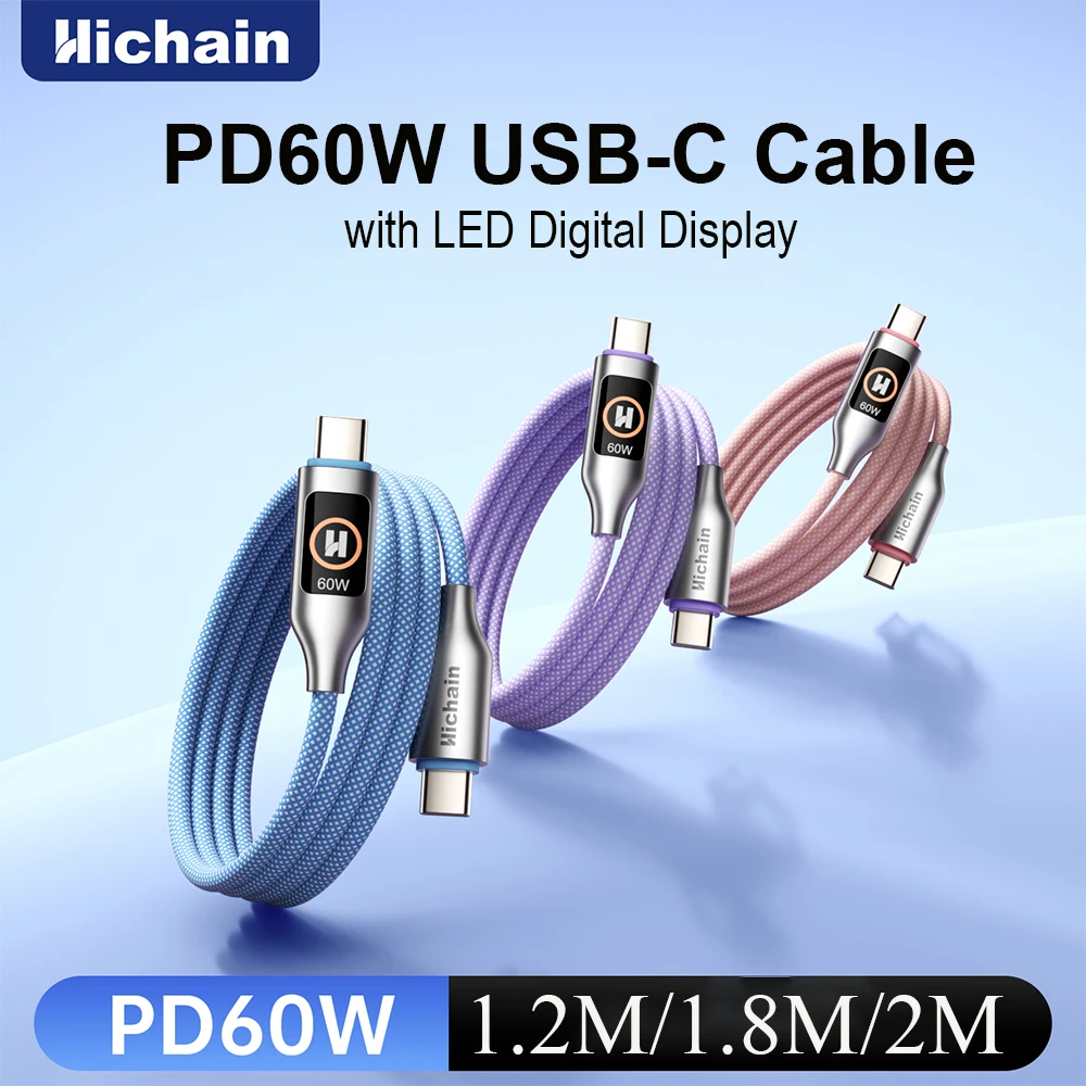PD60W USB C To C Cable With Light Display Nylon Braided Type C Fast Charging Cable 480Mbps Data Transfer For iPhone For Xiaomi