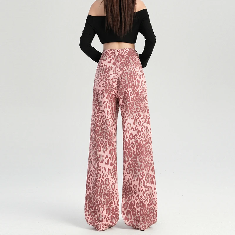 Fashionable and Trending Women's Jeans: Pink Leopard Print Flared High Waist Pants for Autumn