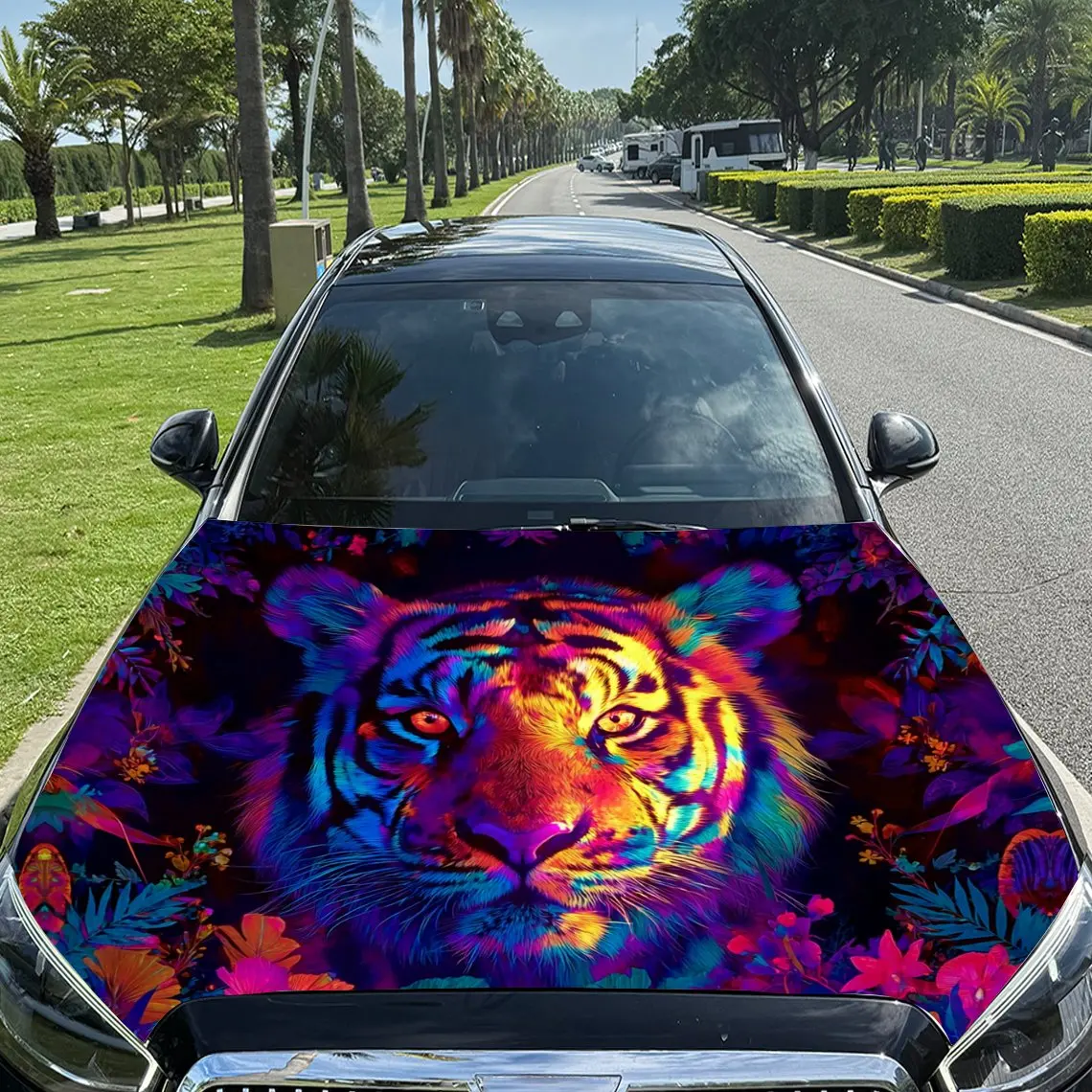 Dreamy Neon Tiger and Colorful Flower Cluster Car Vinyl Wrap, PVC Material Waterproof Car Hood Sticker, Self-Adhesive Scratch-Re