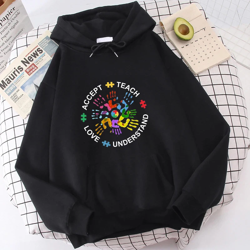 

Autism Awareness Women's Sweatshirts Teach Accept Understand Love Hoodies Neurodivergent Autism Support Long Sleeve Hooded