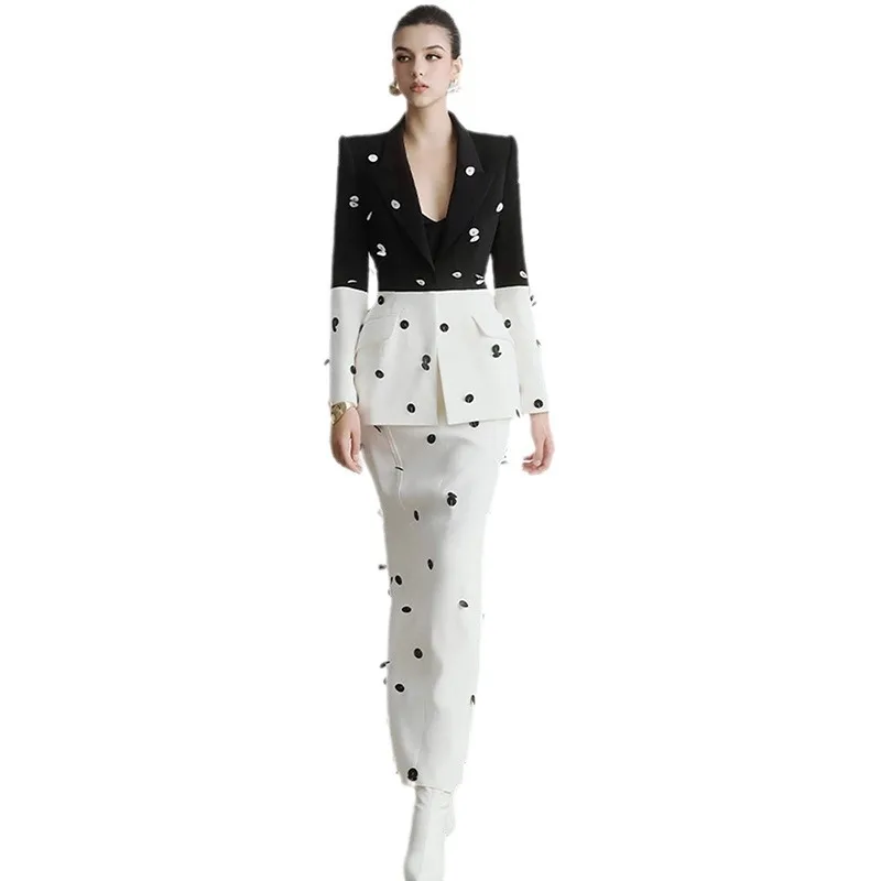 Women's 2024 New Fashion Feminine Sequin Bead Long Sleeve Suit Jacket Fishtail Solid Color Long Skirt Chic Women's Skirt Sets