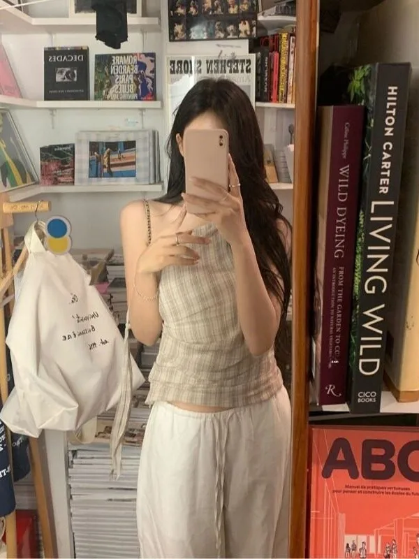 Retro Korean Plaid Off-Shoulder Vest Women's Drawstring Waist Short Pure Desire Summer Top Casual Street Style Spring Autumn ...