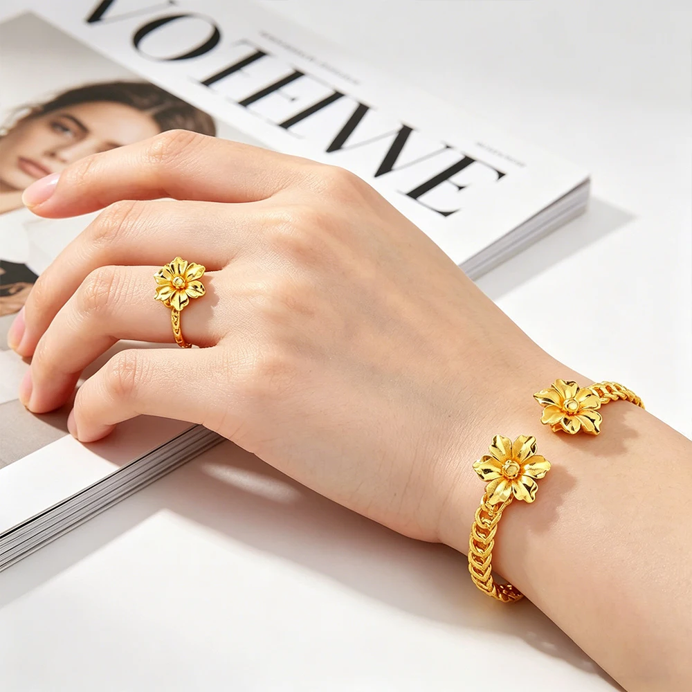 

African Bracelet Fashion Flower Cuff Bangle and Ring Luxury 24K Gold Color Bangle Ring Dubai Women Statement Jewelry Party Gift