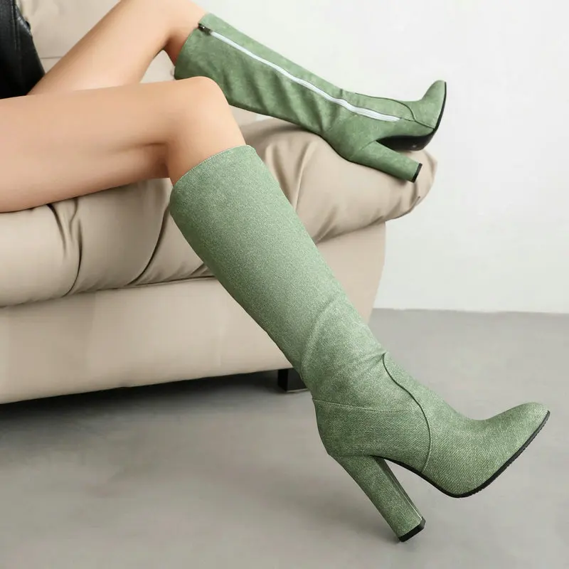 Denim Jeans Light Blue Green Western Mature Lady Winter Shoes Zipper Block High Heels Knee-high Boots Grey Pink Women Boot