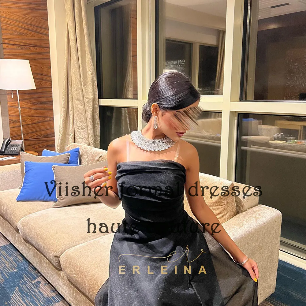 Abiti da sera in Organza nera per donna A Line senza spalline arabo Dubai Prom Party Dress Spaghetti Straps abiti formali Backless