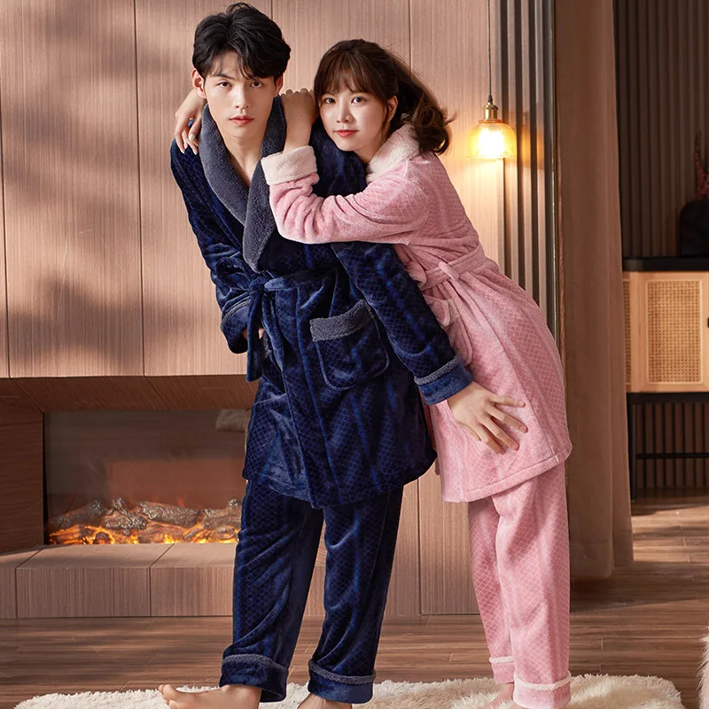 Couples Nightgown Thick Coral Fleece Men's Bathrobe + Pants 2pcs Kimono Pajama Women Sexy Robe Home Service Lovers Homewear XXXL